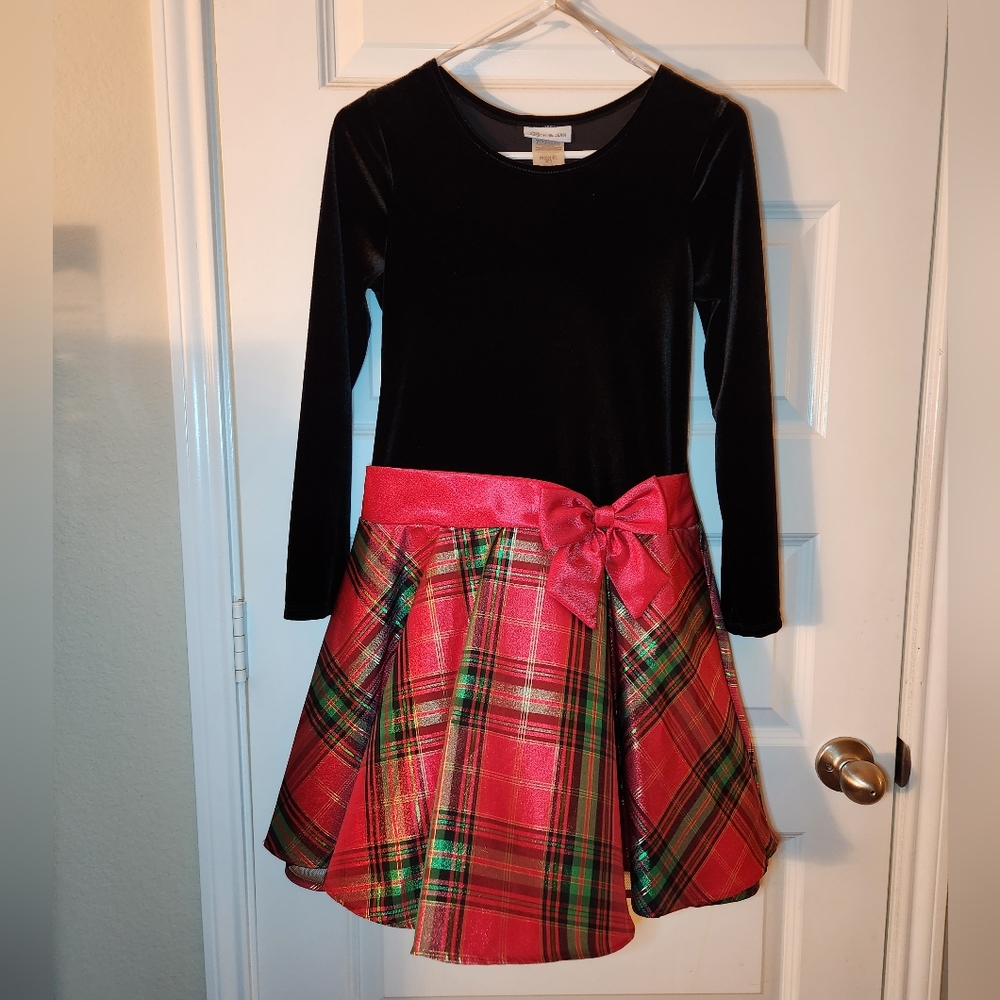 Bonnie Jean Holiday Black Velvet Dress Red & Green Plaid Skirt | Girl's Size 16